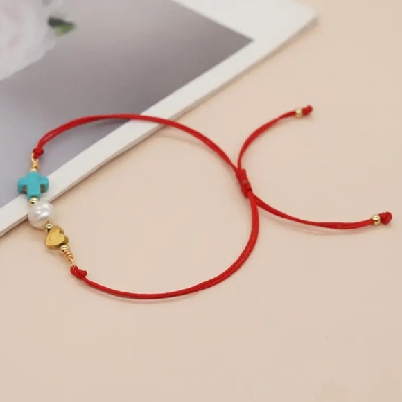 NEW! Adjustable Red Thread Bracelet with Turquoise-Colored Cross - Picture 5 of 7